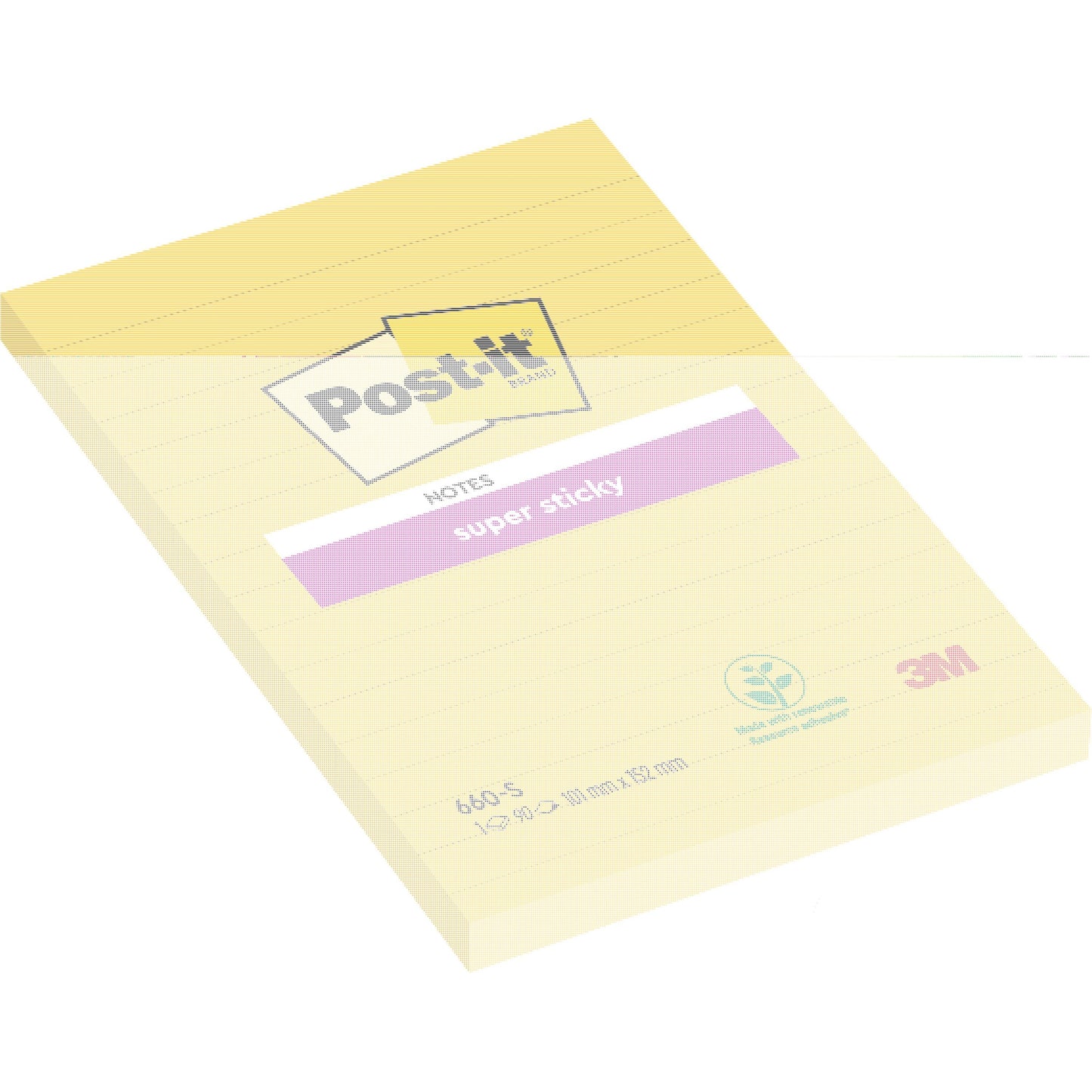 Ein Block Post-it® Super Sticky Notes im Großformat, Ultra Gelb (101 x 152 mm, 90 Blatt), von 3M Deutschland GmbH, liegt auf einem weißen Hintergrund. Die Zettel sind mit Schreiblinien und dem umweltfreundlichen PEFC-Siegel versehen.