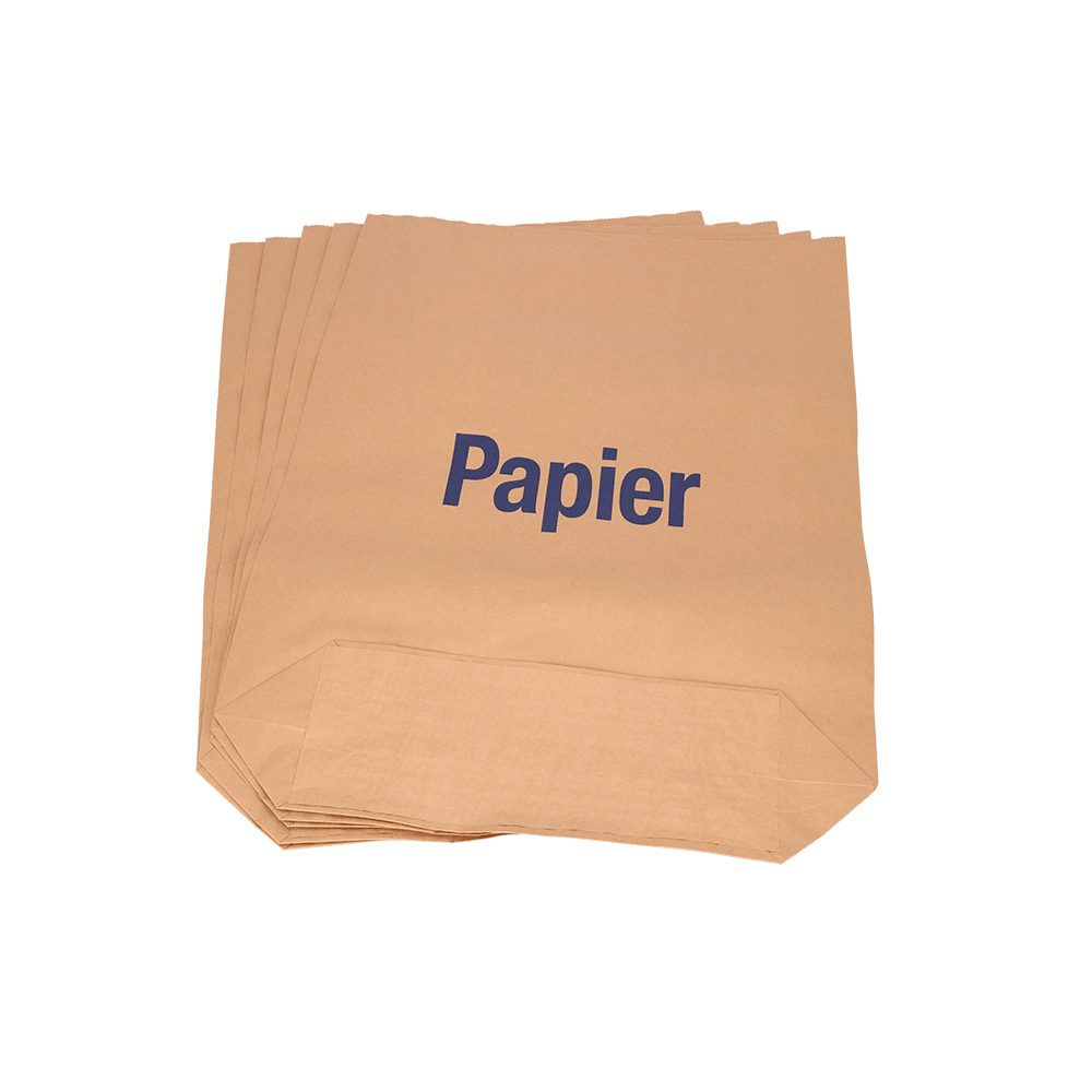 A stack of brown paper bags from EMIL DEISS KG DEISS 7004 (70x95+20 cm, 70 g/m², 2-ply bundle, 25 pieces) with the blue lettering "Paper" on the front, ideal for industrial use or as environmentally friendly garbage bags in waste systems.