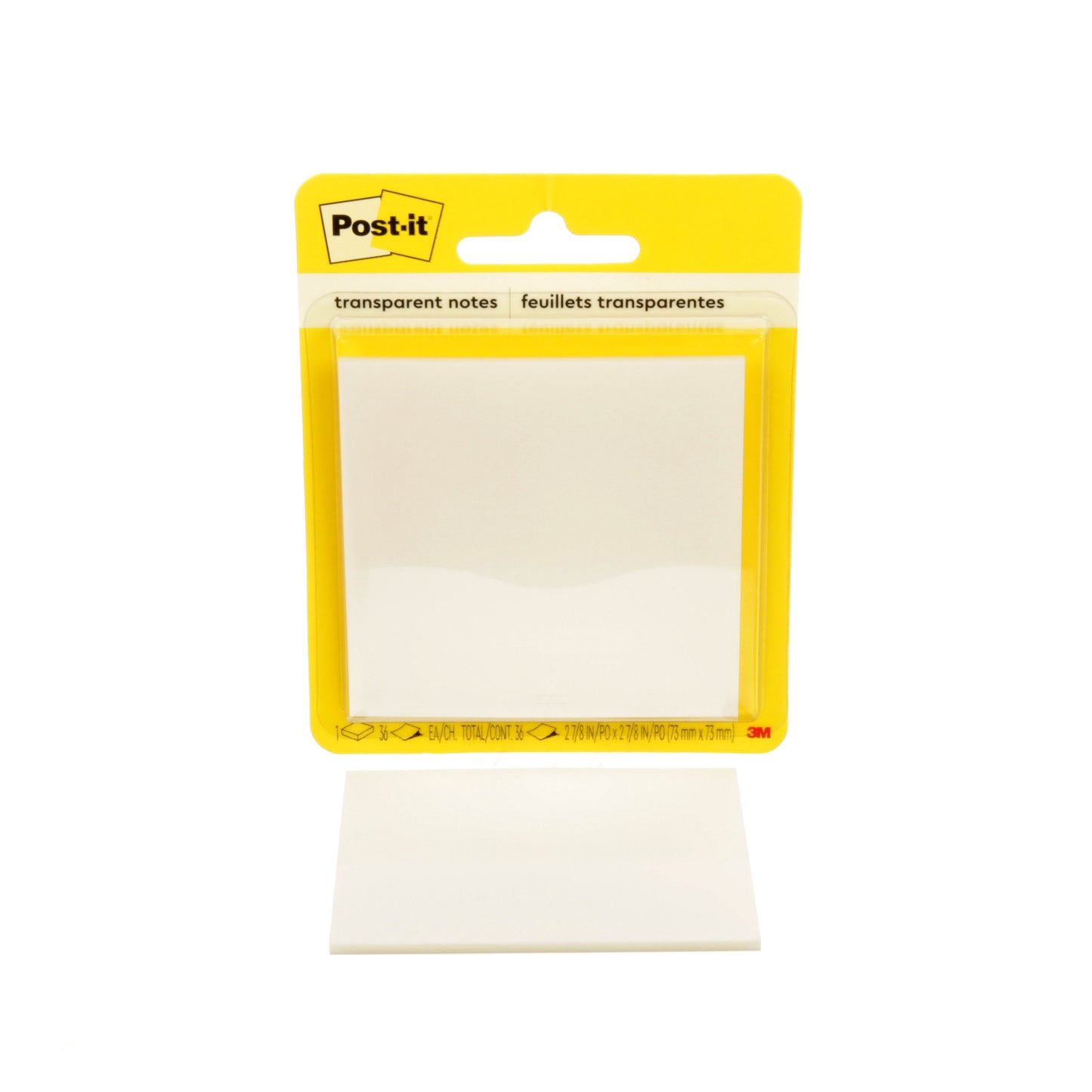 Eine Packung 3M Deutschland GmbH Post-it® Transparente Notizen, 73x73 mm, mit 36 Blatt pro Block und klarer Rückseite. Der Schriftzug ist auf der Oberseite sichtbar; perfekt zum Organisieren von Notizen. 1 Stück pro Packung.