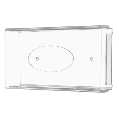 Der AMPri Einmalhandschuh Spender ist ein transparenter, milchiger Acryl-Spenderhalter (250 x 135 x 55-90 mm) mit abgerundeten Kanten, flachem Boden, zentraler ovaler Vertiefung und Befestigungslöchern zur einfachen Wandmontage.