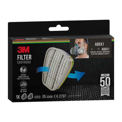 Eine schwarze Schachtel der 3M™ Filterpatrone 6059, ABEK1-Kombinationsfilter (1 Paar/Packung) von 3M Deutschland GmbH zeigt einen weißen Filter, Person mit Atemschutzmaske, Maskenkompatibilität und Schutz gegen organische Gase und Dämpfe.