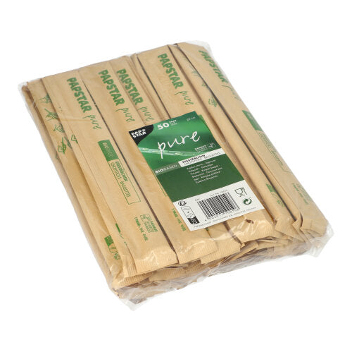 A clear plastic package with 50 pairs of PAPSTAR chopsticks "pure" 23 cm, each pair individually wrapped. The green-white label on the top shows the brand name PAPSTAR GmbH for easy identification.