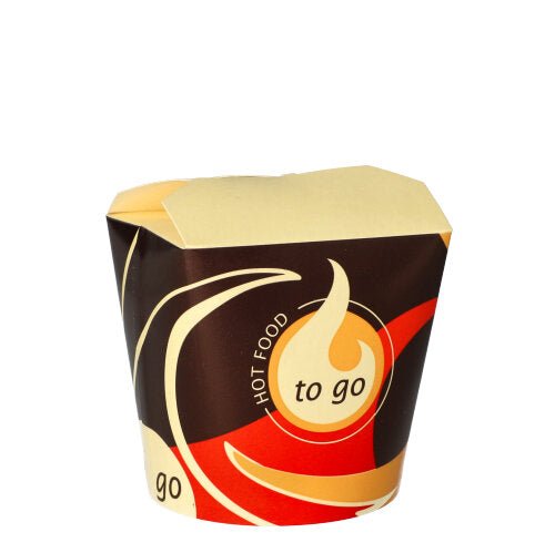 Depicted is a closed, square 750-ml take-away container from Starpak 50 Snack Boxes "To Go" with a brown, light brown, and red design, featuring "HOT FOOD to Go" on the front, against a plain white background.