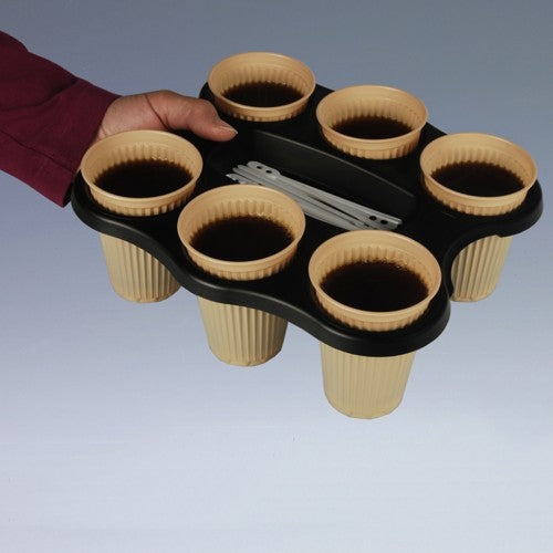 A hand holds a Starpak 3 cup tray (PS, 22.4 x 24.4 x 2.4 cm, black) for six cups, containing beige cups with dark liquid and several white stirring sticks in the middle compartment.