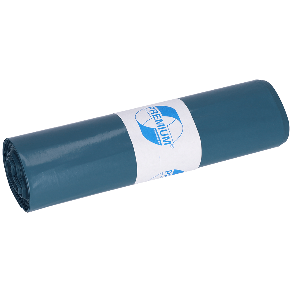 A rolled-up EMIL DEISS KG (GmbH + Co.) DEISS 10032 blue garbage bag roll (25 bags, 630x800x0.05 mm) with a "PREMIUM" label is depicted on a plain white background.
