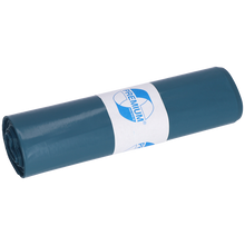 Eine aufgerollte EMIL DEISS KG (GmbH + Co.) DEISS 10032 blaue Müllsackrolle (25 Säcke, 630x800x0,05 mm) mit einem "PREMIUM"-Etikett ist auf einem schlichten weißen Hintergrund abgebildet.