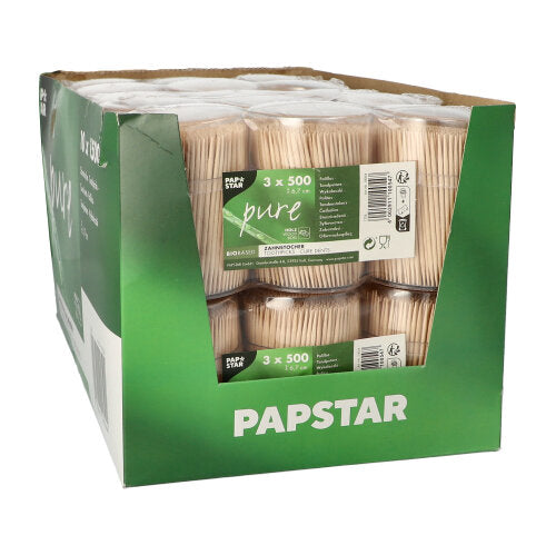 A cardboard box with the inscription "PAPSTAR GmbH" contains several shrink-wrapped packs of PAPSTAR wooden toothpicks "pure", round, 6.7 cm in the dispenser (1500 pieces), in which high-quality wooden toothpicks are neatly presented.