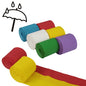 Six PAPSTAR GmbH crepe tapes (10 m x 5 cm, assorted colors, waterproof, 6 rolls) in the colors blue, red, yellow, white, green, and violet are displayed in two rows, with two of them partially unrolled and an umbrella with raindrops depicted in the top left corner.