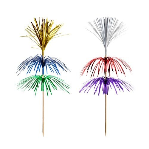 The PAPSTAR 100 decoration picks from PAPSTAR GmbH made of wood, adorned with tinsel in gold, silver, blue, red, green, and purple – ideal for elegant presentations on a white background.