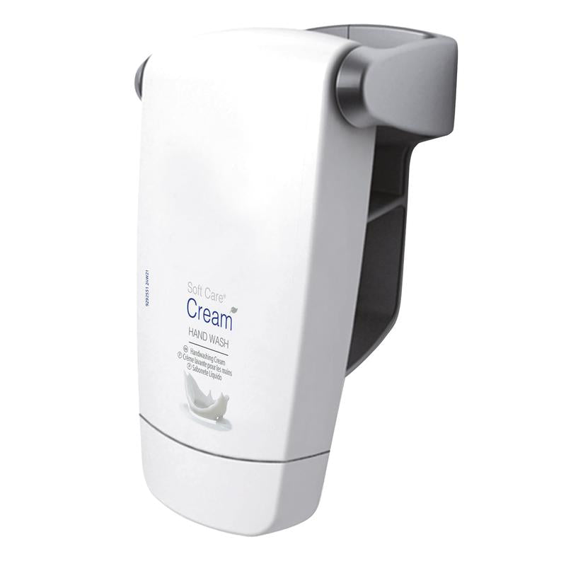 Ein weißer Wandspender mit der Aufschrift "Soft Care Cream Hand Wash" von Diversey Deutschland GmbH & Co. OHG, mit grauen Seitenwänden und Bodenauslauf, ideal für sanft zur Haut milde Waschlotion zur Händereinigung (250 ml Flasche).