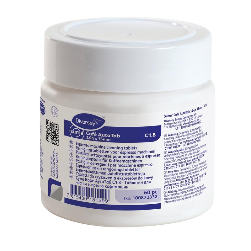 A white plastic container of Suma Café AutoTab Cleaning Tablets for Espresso Machines (60 pcs.) from Diversey Deutschland GmbH & Co. OHG with a blue and white label; effectively removes coffee fats and oils.