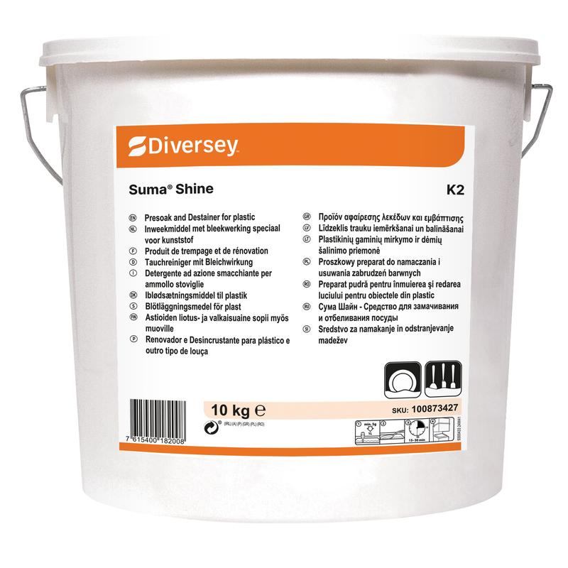 A white 10 kg bucket of Diversey Suma Shine K2, powdered, bleaching dip cleaner (bucket) from Diversey Deutschland GmbH & Co. OHG stands on a white background with a metal handle and an orange-white label with multilingual information.