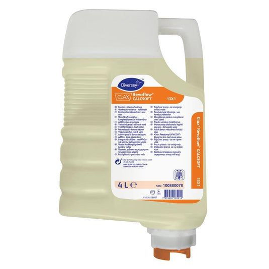 A 4-liter cartridge of Clax Revoflow Calcsoft 13X1 water hardness remover from Diversey Deutschland GmbH & Co. OHG has an orange label, a white cap, and transparent sections containing a light yellow liquid; product information is printed on the front.