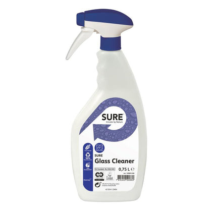 A 0.75-liter spray bottle of SURE Glass Cleaner from Diversey Deutschland GmbH & Co. OHG features a white body, a blue trigger, a blue label with product information and eco-certifications, and ensures strong cleaning for streak-free glass surfaces.