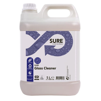 A 5-liter plastic container with SURE Glass Cleaner from Diversey Deutschland GmbH & Co. OHG with a carrying handle and screw cap. The purple label displays symbols, product information, cleaning power, recyclability, and environmental friendliness.