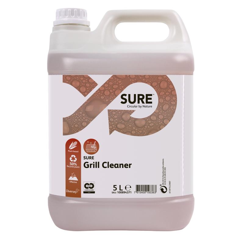 A 5-liter SURE Grill Cleaner made of plastic from Diversey Deutschland GmbH & Co. OHG with a handle, screw cap, and a brown-white label with product name, brand logo, usage symbols, and recycling information for effective cleaning of burnt-on residues.