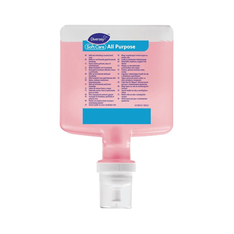 A rectangular, transparent plastic dispenser with pink cleaning solution, labeled with "Soft Care All Purpose 1.3 L Cartridge for IntelliCare" by Diversey Deutschland GmbH & Co. OHG, with a white pump and compatible with IntelliCare systems.