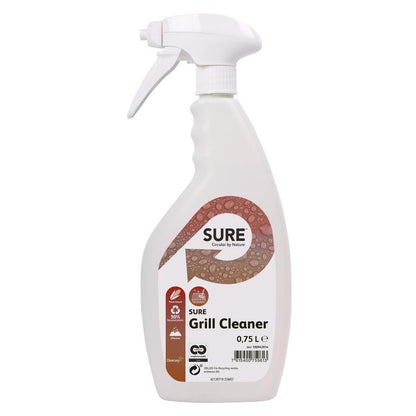 A white 0.75-liter spray bottle of SURE Grill Cleaner from Diversey Deutschland GmbH & Co. OHG with a curved handle and trigger nozzle; The label shows bubbles, eco-friendly symbols, and information for effective cleaning of burnt-on residues.