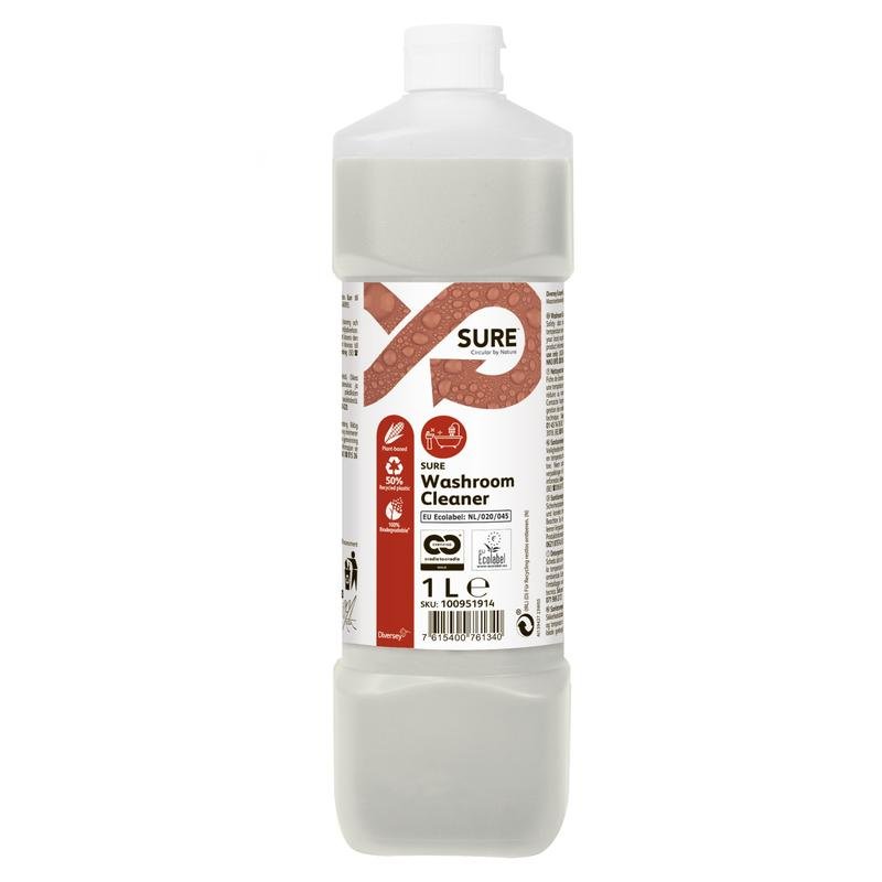 A 1-liter plastic bottle of SURE Washroom Cleaner Sanitizer from Diversey Deutschland GmbH & Co. OHG has a white cap, clear liquid, and a white label with product details, instructions, symbols, and its biodegradable formula for hygienic cleanliness.