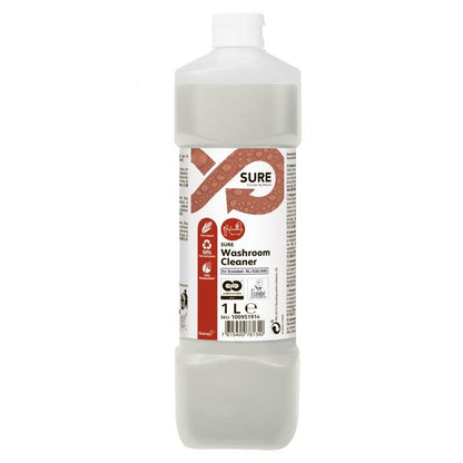 A 1-liter plastic bottle of SURE Washroom Cleaner Sanitizer from Diversey Deutschland GmbH & Co. OHG has a white cap, clear liquid, and a white label with product details, instructions, symbols, and its biodegradable formula for hygienic cleanliness.