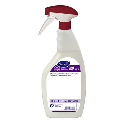 A white 0.75-liter plastic spray bottle with a red trigger and the label "Suma QuickDes D4.12, Quick Disinfection" from Diversey Deutschland GmbH & Co. OHG contains instructions for use and is ideal for quick disinfection in various environments.
