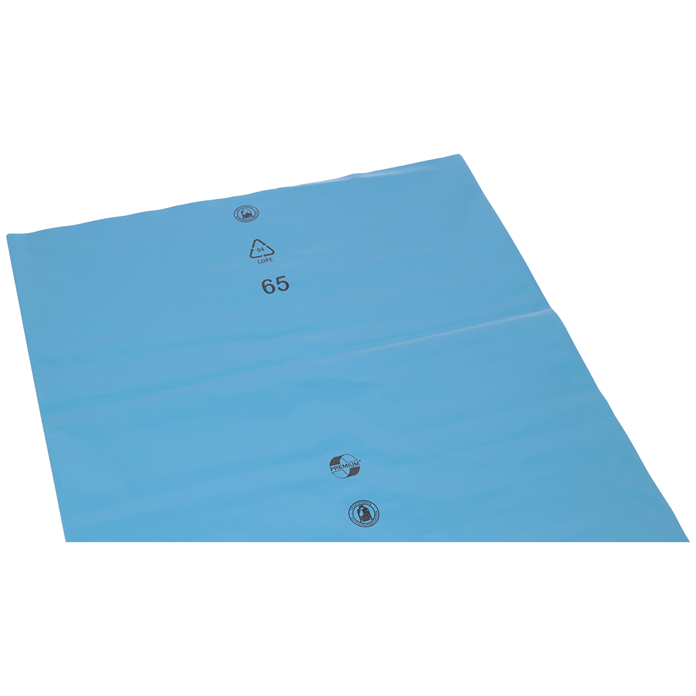 The DEISS 10103 (700x1100x0.15 mm) from EMIL DEISS KG is a blue, flat plastic waste disposal film with 3 valve openings and black printed symbols (recycling logo, "LDPE", "65"), similar to blue garbage bags. Packed in cartons of 50 pieces.