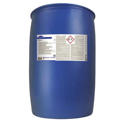 A large blue plastic drum with Diversey Suma Alu L10 from Diversey Deutschland GmbH & Co. OHG, with a white-gray label containing text, hazard symbols, and a red warning exclamation mark in diamond shape.