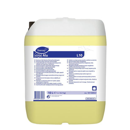 A 10-liter container of Diversey Suma Alu L10, aluminum-safe dish cleaner for all water hardnesses from Diversey Deutschland GmbH & Co. OHG, features a white lid, yellow liquid, and multilingual instructions on the front label.