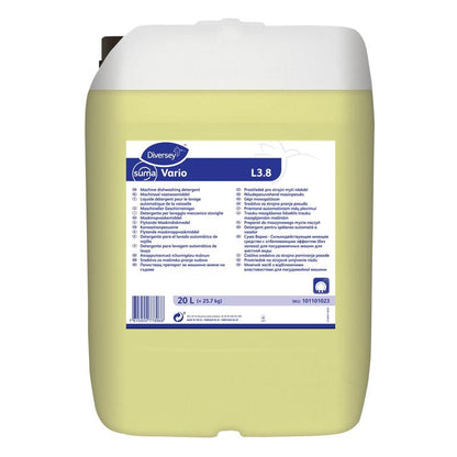A 20-liter plastic container of Diversey Suma Vario L3.8 dishwashing detergent with bleach without chlorine odor from Diversey Deutschland GmbH & Co. OHG, for use in medium hard to hard water, with a white lid and multilingual label. Light yellow liquid inside.