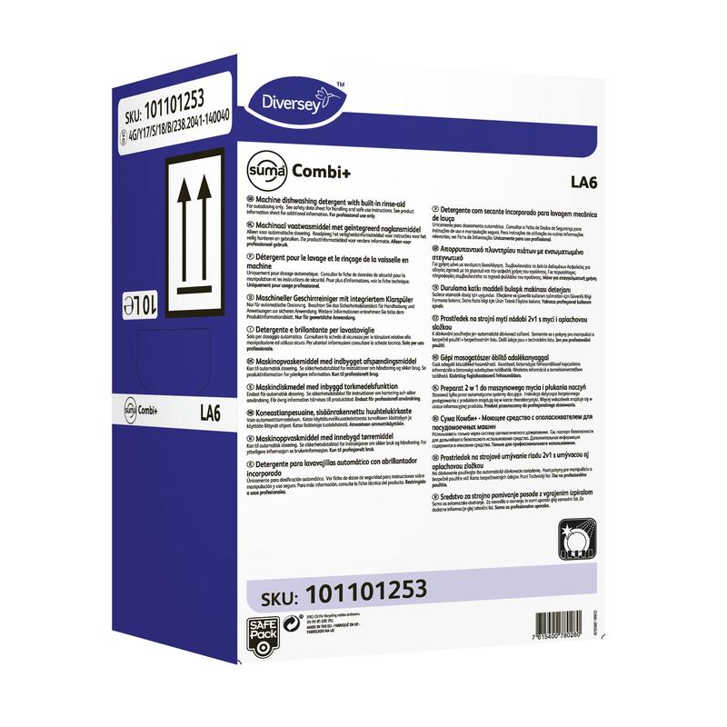 A white rectangular box with purple and black accents, labeled "Diversey Suma Combi+ LA6, Combined Cleaner and Rinse Aid for Medium Hard Water" from Diversey Deutschland GmbH & Co. OHG, with details, instructions, a barcode, and SKU 101101253.