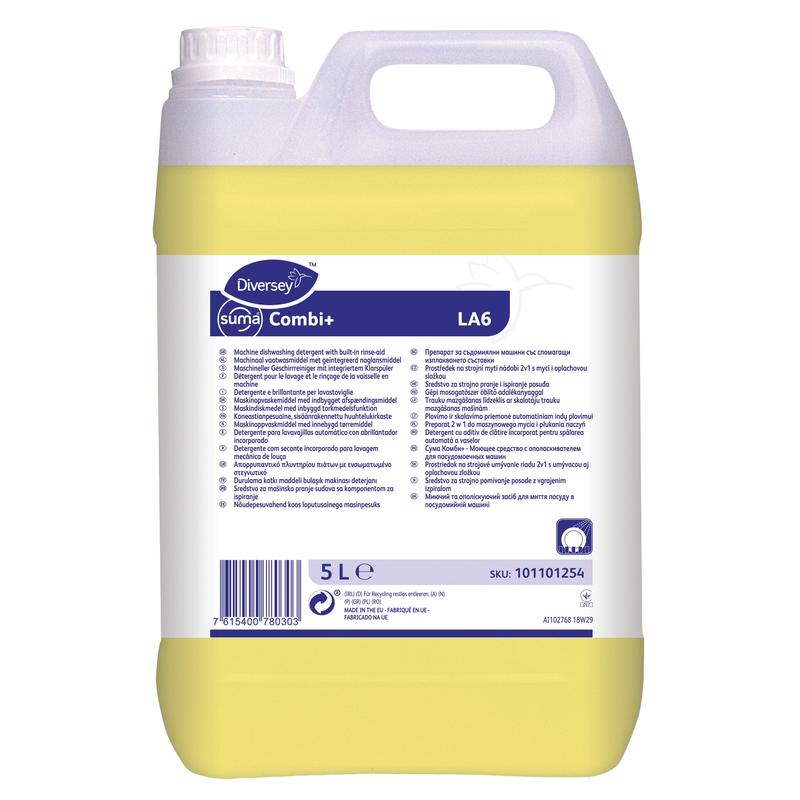 A 5-liter container made of transparent plastic with Diversey Suma Combi+ LA6, a combined cleaner and rinse aid for medium hard water, with a yellow liquid and a white label from Diversey Deutschland GmbH & Co. OHG.