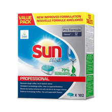 A package of Sun Professional All in 1 Tabs for the dishwasher from Diversey Deutschland GmbH & Co. OHG contains 102 tablets, consists of 70% natural ingredients, and has an improved formula, all of which is clearly stated on the packaging.