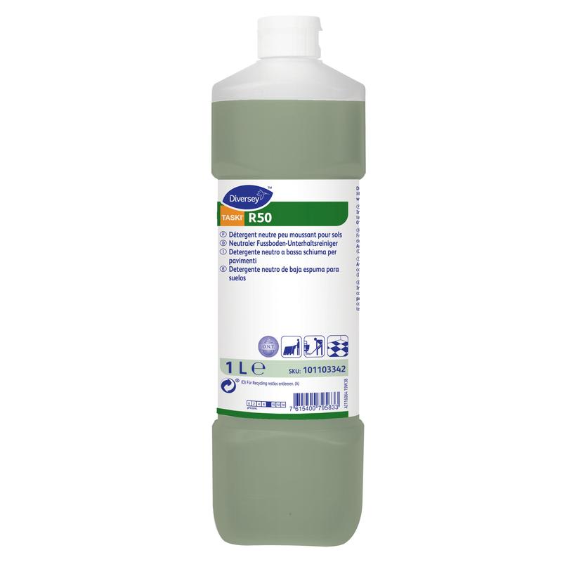 A 1-liter bottle of Diversey TASKI R50 floor maintenance cleaner from Diversey Deutschland GmbH & Co. OHG features a white label, green liquid, and symbols for use and recommended surfaces for effective floor care.