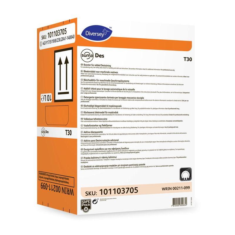 A rectangular box of Diversey Suma Des T30, bleach component from Diversey Deutschland GmbH & Co. OHG is predominantly white with orange and blue accents, multilingual instructions, as well as hazard and shipping symbols on the front.