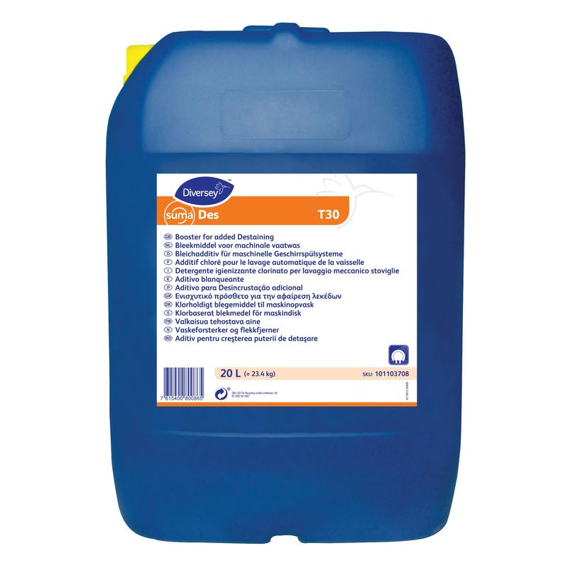 A large blue plastic container labeled "Diversey Suma Des T30, bleach component" from Diversey Deutschland GmbH & Co. OHG features a white multilingual label and a capacity of 20 liters.