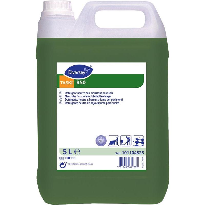 A 5-liter container made of green plastic with a white lid, labeled "Diversey TASKI R50, floor maintenance cleaner" from Diversey Deutschland GmbH & Co. OHG. Low-foam, neutral floor cleaner with multilingual label and barcode.