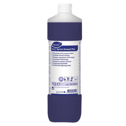 A 1-liter bottle of TASKI Sprint Emerel Plus, a universal solvent-based heavy-duty cleaner from Diversey Deutschland GmbH & Co. OHG, with a white cap and a blue label with multilingual product information and instructions.