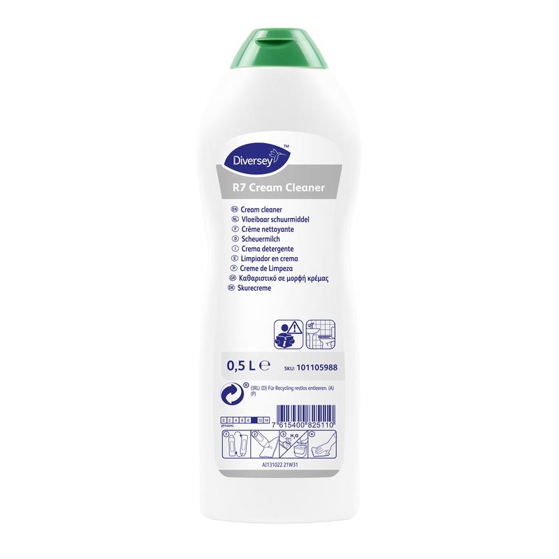 A white 0.5-liter bottle of Diversey R7 cream cleaner for hard, waterproof surfaces from Diversey Deutschland GmbH & Co. OHG with a green cap and multilingual label with instructions, product name, barcode, and recycling symbols.