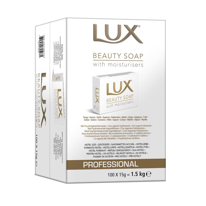 A package of 100 pieces of LUX Professional Beauty Soap guest soap (each 15 g, total 1.5 kg) from Diversey Deutschland GmbH & Co. OHG, labeled "Professional" for hotel and guest use, with product information and image on the white box.