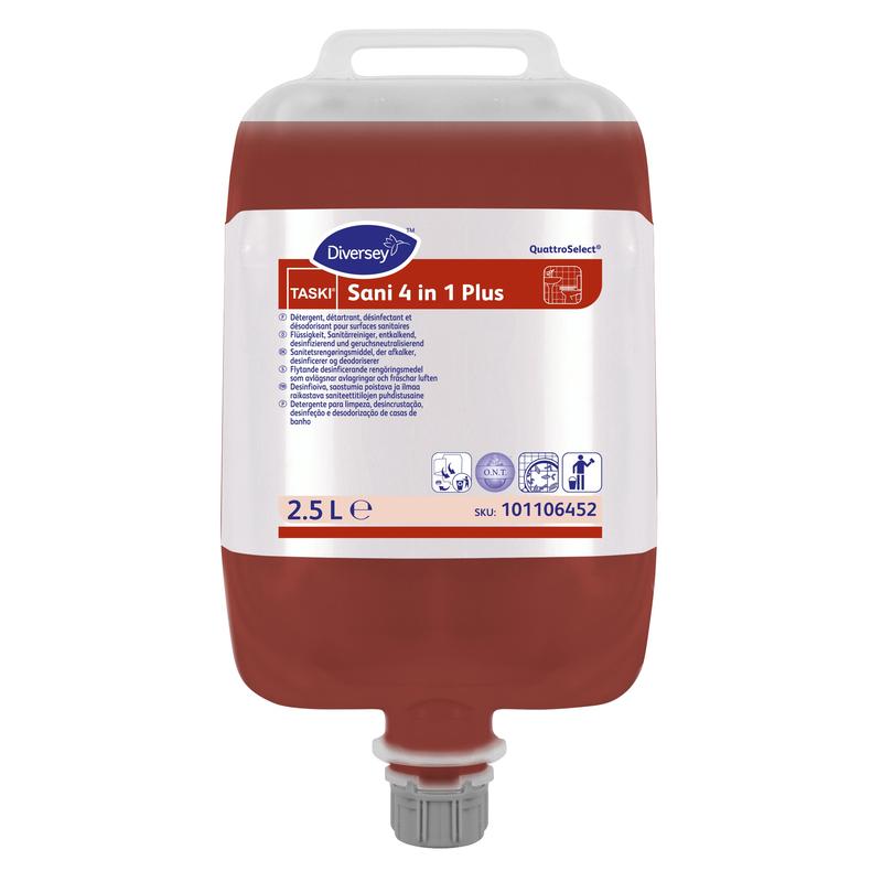 A 2.5-liter container of Diversey TASKI Sani 4 in 1 Plus, a liquid cleaner, descaler, disinfectant, and deodorizer from Diversey Deutschland GmbH & Co. OHG; red label with instructions and SKU 101106452, gray cap, handle on top.