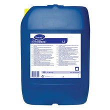 Ein großer blauer 20-Liter-Behälter von Diversey Suma Blend L7 für Weichwasser, aluminiumsicherer Geschirrreiniger, verfügt über einen oberen Griff und ein weißes Frontetikett mit Anweisungen und Produktinformationen.