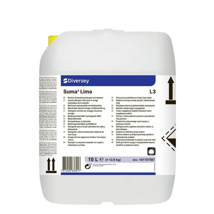 A 10-liter container made of white plastic with Diversey Suma Lima L3 dishwashing detergent with bleach from Diversey Deutschland GmbH & Co. OHG, with handle, fill level markings, blue and black text, symbols, and a multilingual label.