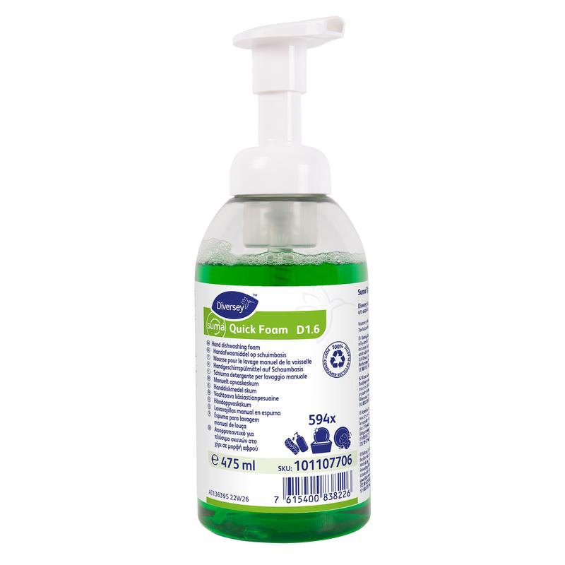 A 475 ml clear pump bottle of Suma Quick Foam D1.6 hand dishwashing detergent from Diversey Deutschland GmbH & Co. OHG contains concentrated green foam soap, which is equipped with a white-blue label with symbols and product information.