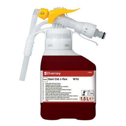 A 1.5-liter bottle of TASKI Sani Cid, a highly concentrated washroom cleaner based on citric acid from Diversey Deutschland GmbH & Co. OHG, with a yellow-white sprayer and labeled transparent hose for easy application.
