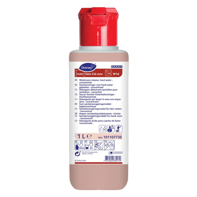 A 1-liter bottle of TASKI Sani Cid, a highly concentrated sanitary cleaner with citric acid from Diversey Deutschland GmbH & Co. OHG, equipped with a red cap and a blue-white label with product details and multilingual instructions.