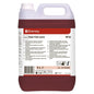 A 5-liter canister of Diversey TASKI Sani Cid conc sanitary cleaner (high concentrate based on citric acid) from Diversey Deutschland GmbH & Co. OHG; red liquid, detailed label, ideal for removing lime deposits.