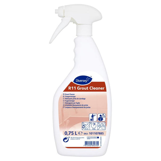 Die weiße 750 ml Sprühflasche "Room Care R11, Fugenreiniger und Schimmelentferner" von Diversey Deutschland GmbH & Co. OHG verfügt über einen ergonomischen Auslösegriff, eine leistungsstarke Formel und ein mehrsprachiges Etikett mit Verwendungs- und Sicherheitssymbolen.