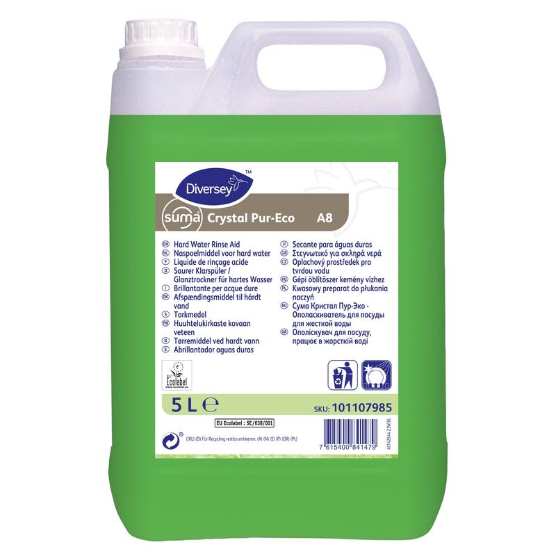 A green 5-liter plastic container from Diversey Deutschland Suma Crystal Pur-Eco A8, an eco-friendly, acidic rinse aid with a white cap. The front label shows details, instructions, and barcode. Ensures effective cleaning and residue-free results.