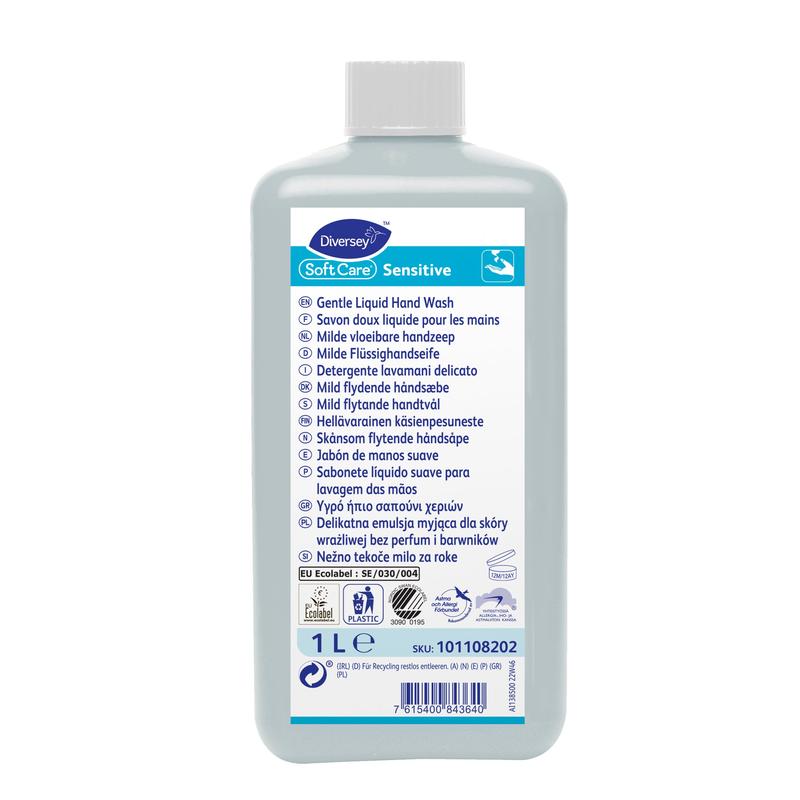 The 1-liter bottle of Soft Care Sensitive from Diversey Deutschland GmbH & Co. OHG features a blue-white label with multilingual product information and application symbols, making it ideal for sensitive skin and gentle daily hand cleaning.