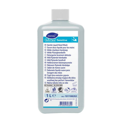 The 1-liter bottle of Soft Care Sensitive from Diversey Deutschland GmbH & Co. OHG features a blue-white label with multilingual product information and application symbols, making it ideal for sensitive skin and gentle daily hand cleaning.